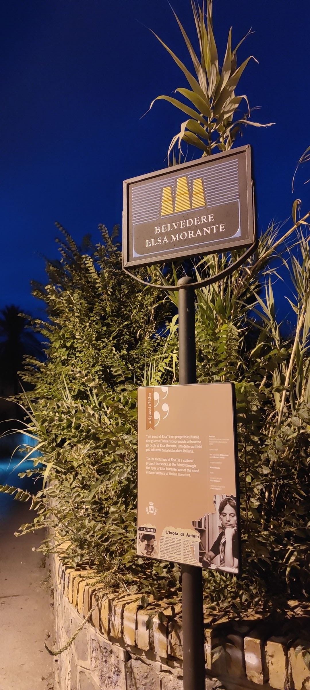 Illuminated signage for Belvedere Elsa Morante with decorative plants and informational plaque photographed at dusk against a deep blue sky.